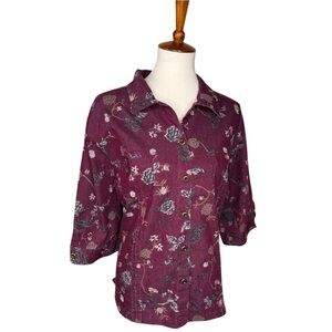 CJ Banks Vintage Button Up Blouse Top Women’s 2X Stretch Floral Maroon Flowers